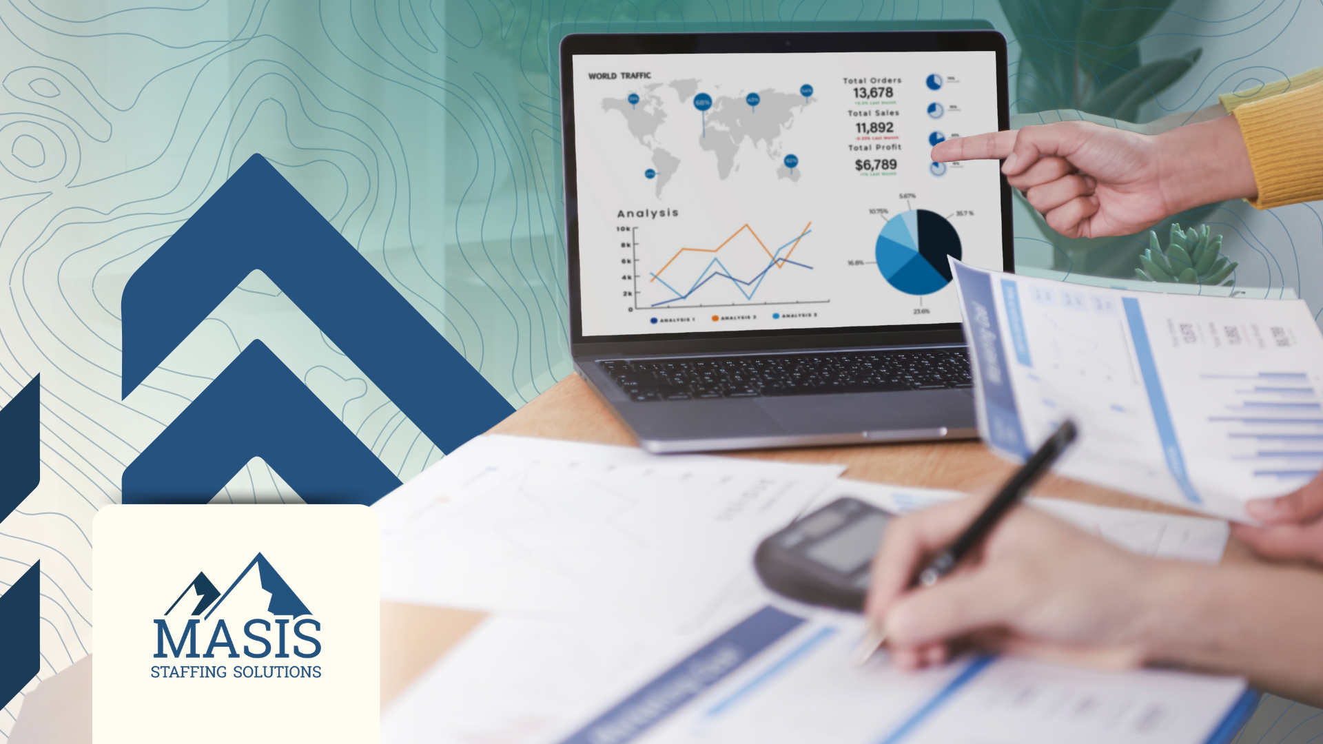 Tabletop with papers, calculator, laptop, and hands pointing and writing