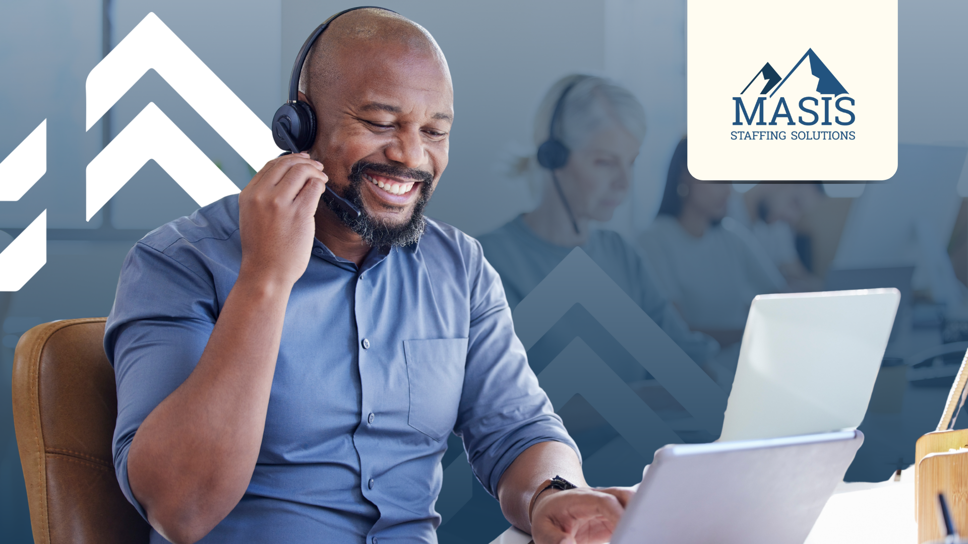 Smiling customer service representative with a headset on a call