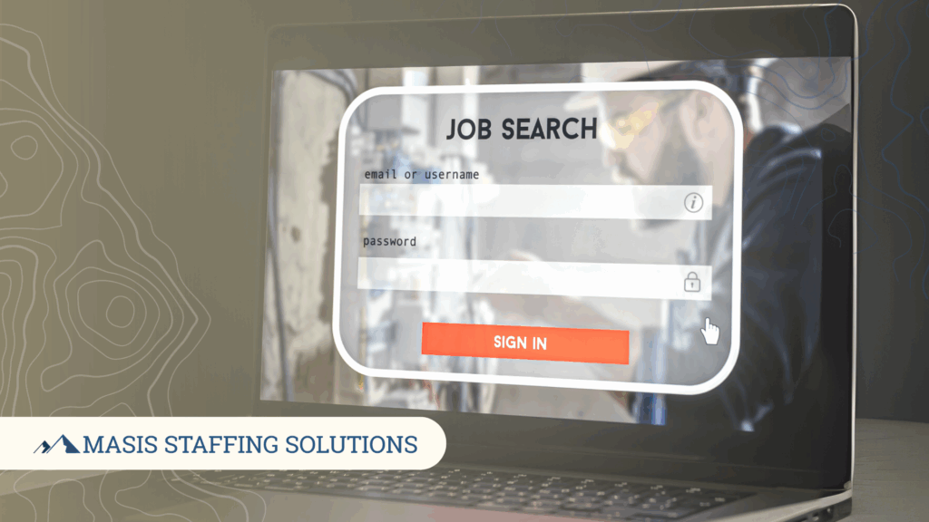 A laptop screen shows a sign-in page labeled "job search"