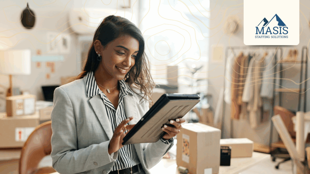 Woman in corporate attire works on a mobile tablet