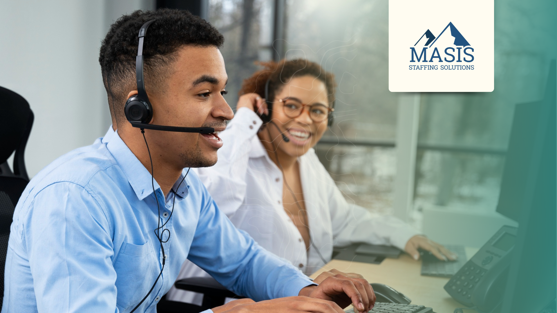 Call center employees wearing headsets at work