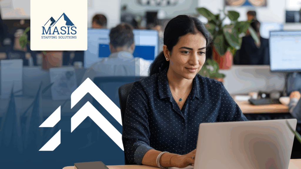 Seasonal employee in line for permanent employment works on a laptop in the office