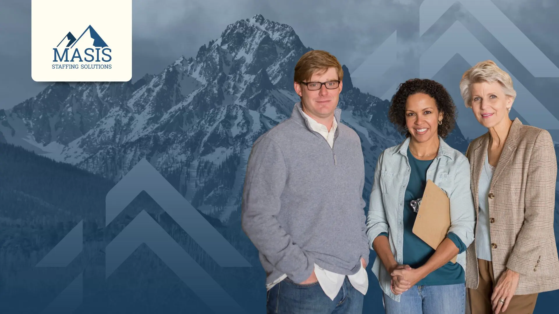 Three professionals stand confidently against a backdrop of mountain peaks that echoes Masis Staffing's mountain logo.
