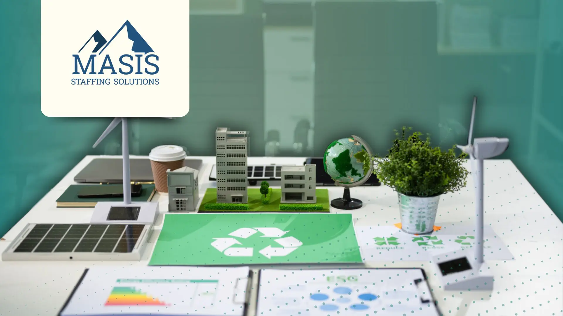 Sustainable desk setup with recycle icon, desk plant, and globe