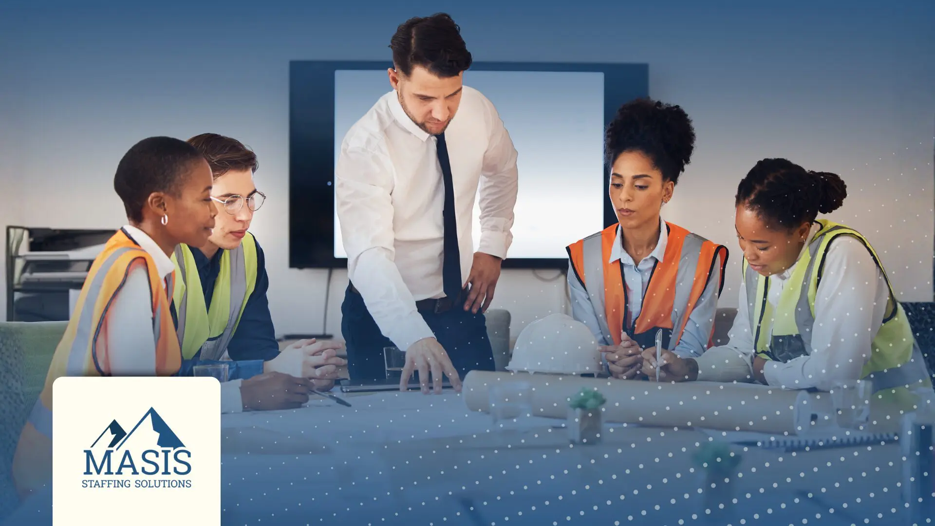 A staffing professional works closely with a construction crew around a planning table, illustrating employers building talent pipelines that last all year.