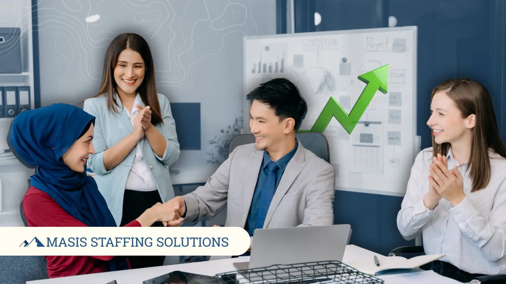 A recruiter shakes hands with a temporary employee hired as full-time staff, illustrating real temp-to-perm transitions that happen through Masis Staffing.