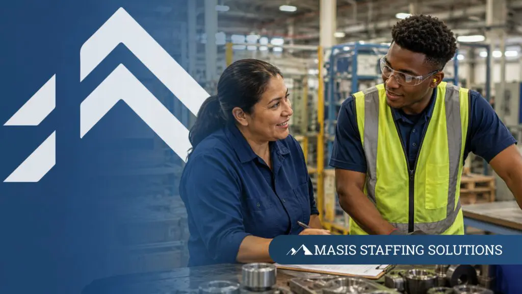 A supervisor and a new hire in a safety vest review work together at a manufacturing station, representing the check-in cadence that keeps new hires engaged through the first 90 days.