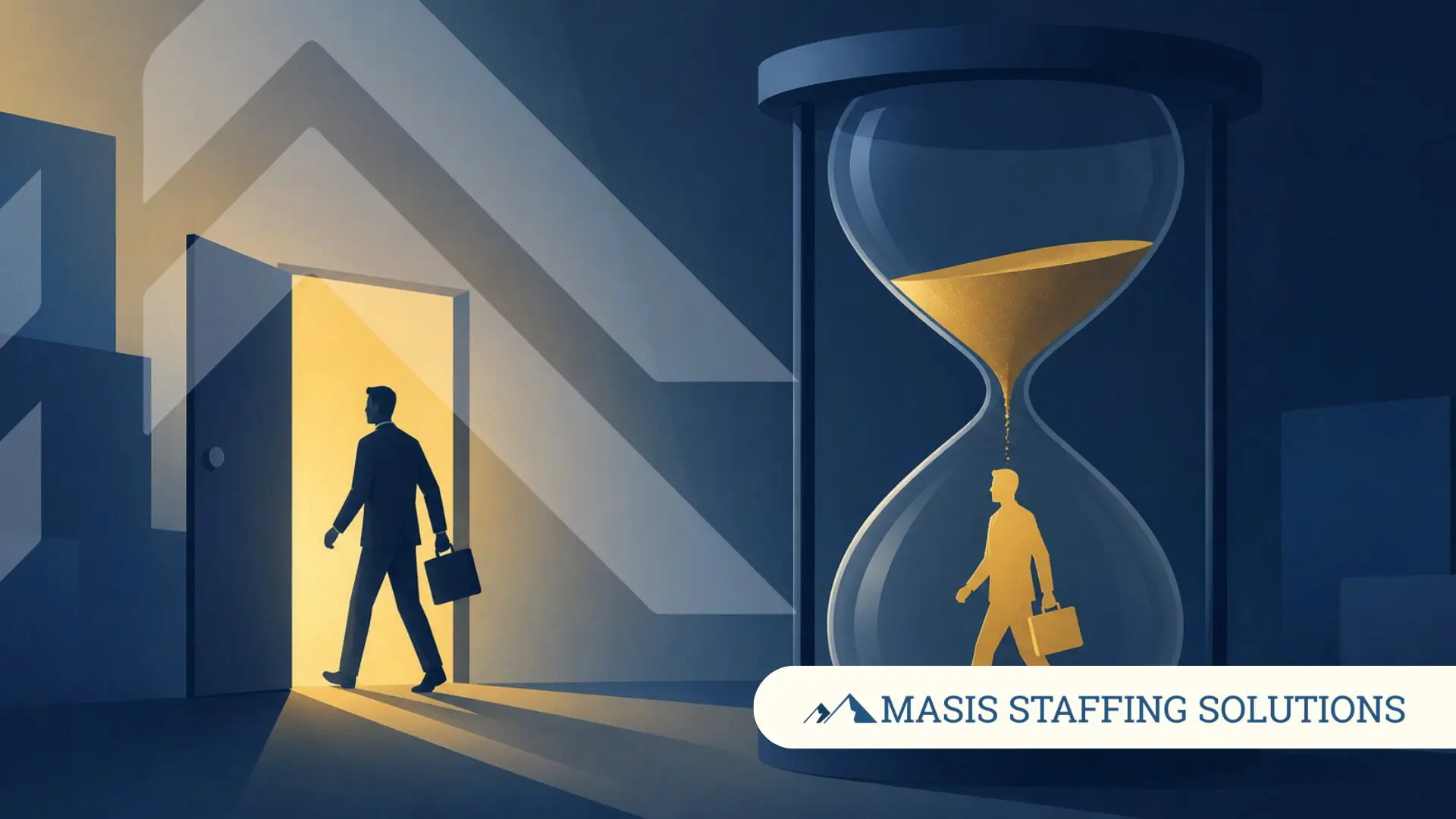 An illustrated figure walks through an open door while another is caught inside an hourglass, representing the candidates employers lose when hiring decisions take too long.