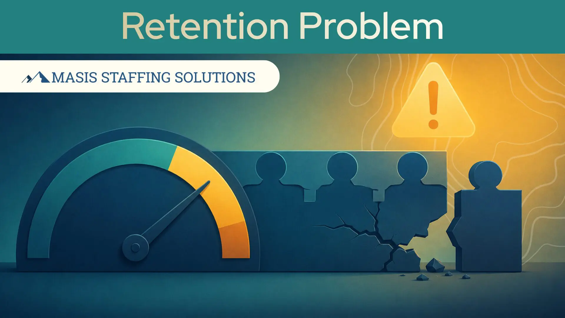 An illustrated gauge in the warning zone alongside cracking team icons and a warning symbol, representing a retention problem employers need to catch before it becomes a vacancy.