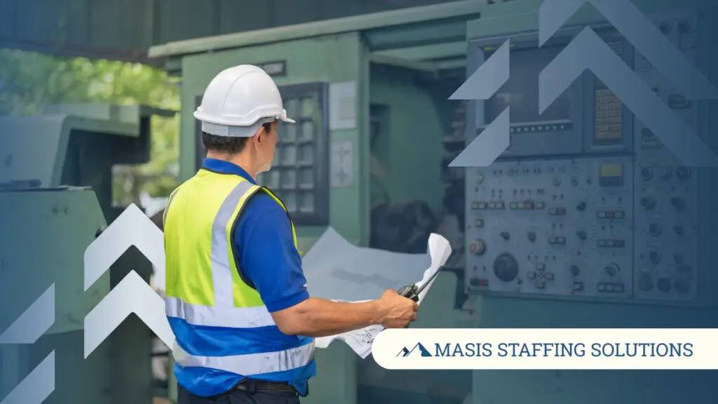 A worker in a safety vest and hard hat at a manufacturing site, illustrating the skilled labor roles at the center of a midyear workforce strategy review.