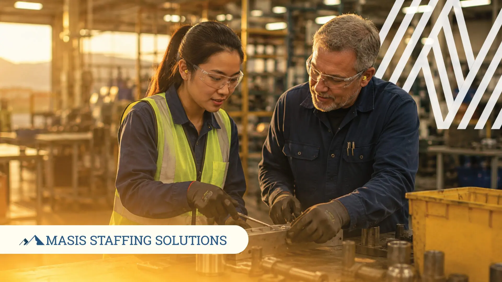 An experienced worker guides a new employee through a hands-on task at a manufacturing workstation, illustrating the listen, learn, and engage approach that helps temp workers thrive from day one.