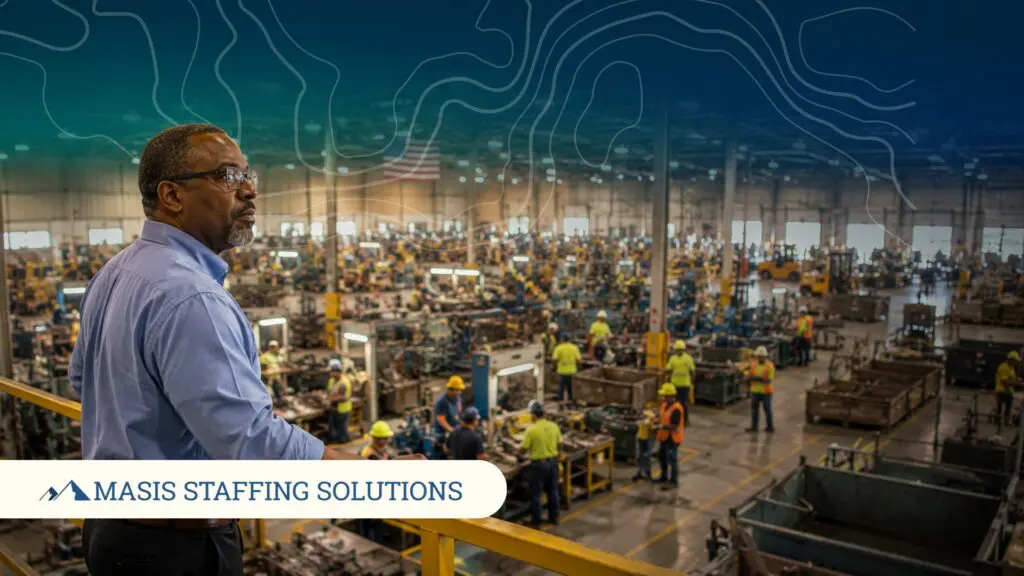 A manager overlooks a busy manufacturing floor, reflecting on retention and recruitment priorities for the workforce