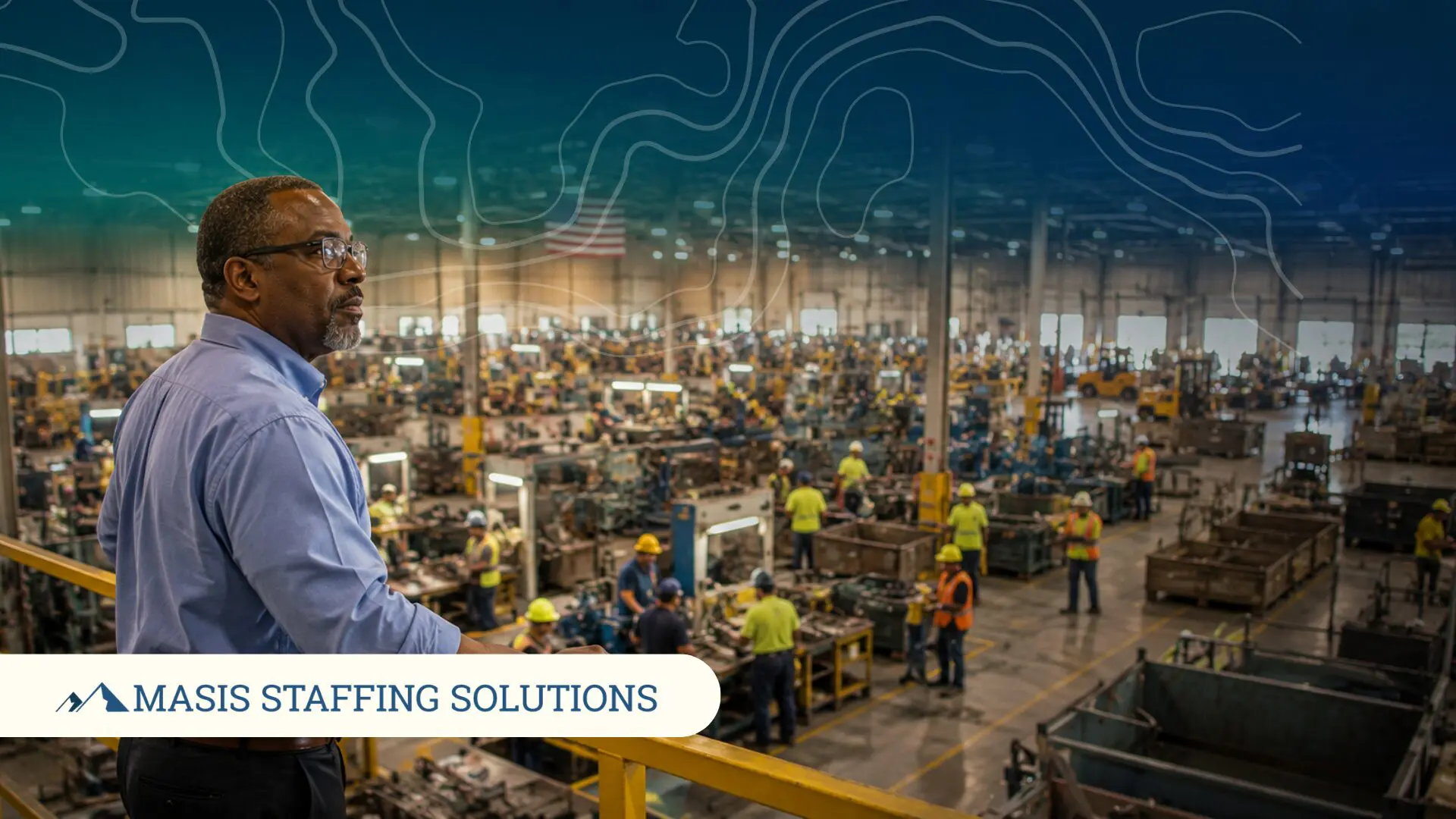 A manager overlooks a busy manufacturing floor, reflecting on retention and recruitment priorities for the workforce