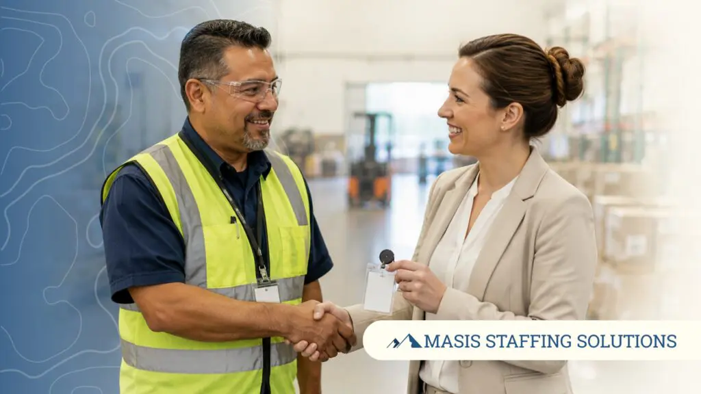 A warehouse worker and a business professional shake hands in a warehouse setting, representing going from temp to permanent employee.