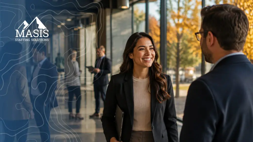 Standing out this fall: a job seeker smiles while talking with a hiring professional in an office setting.