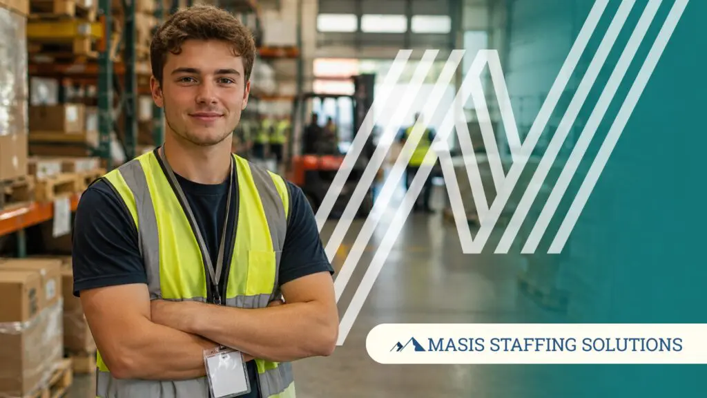 A young warehouse worker in a safety vest stands confidently on a distribution floor, representing the temp associates who show up ready to build a permanent assignment.