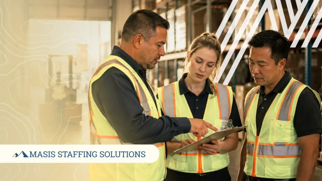 Frontline leadership in action: a supervisor reviews details with warehouse team members.