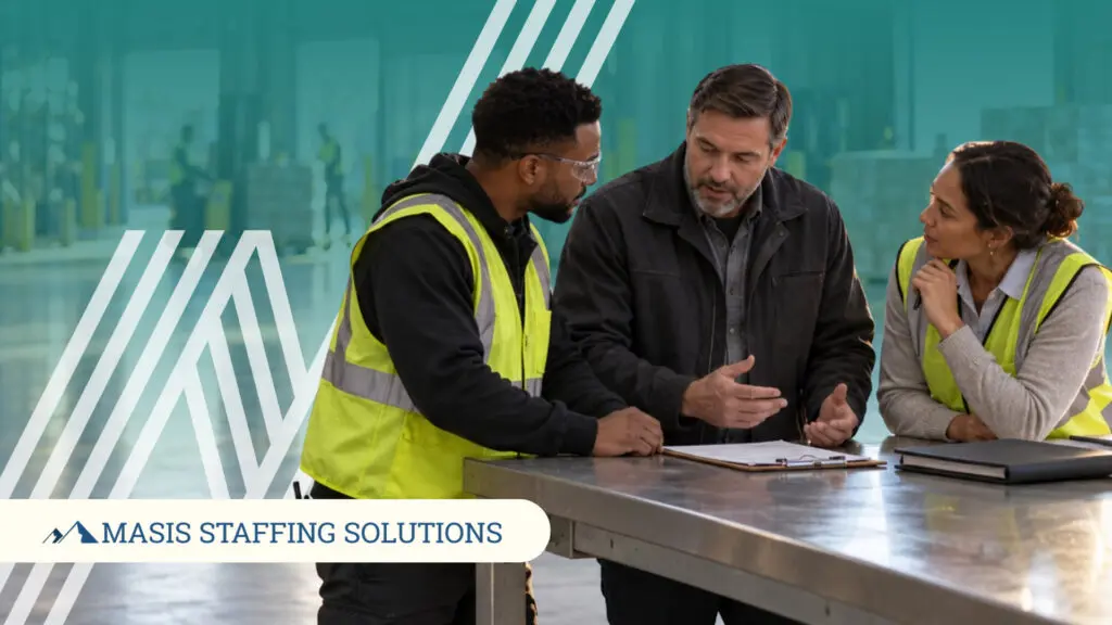 A supervisor talks through a clipboard with two warehouse workers in safety vests. Masis Staffing Solutions logo.