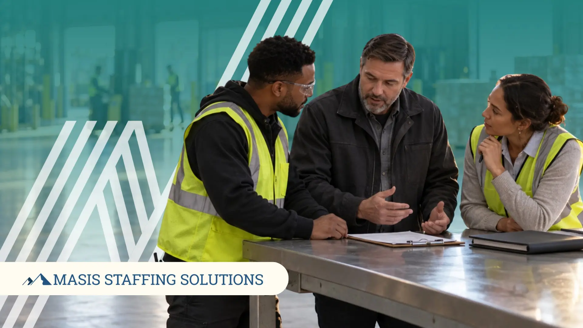 A supervisor talks through a clipboard with two warehouse workers in safety vests. Masis Staffing Solutions logo.