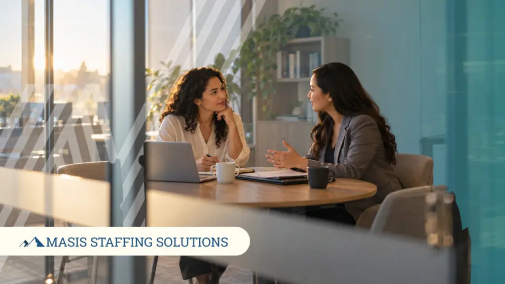 Two professional women talk over coffee at a round table in a sunlit office. Masis Staffing Solutions logo.