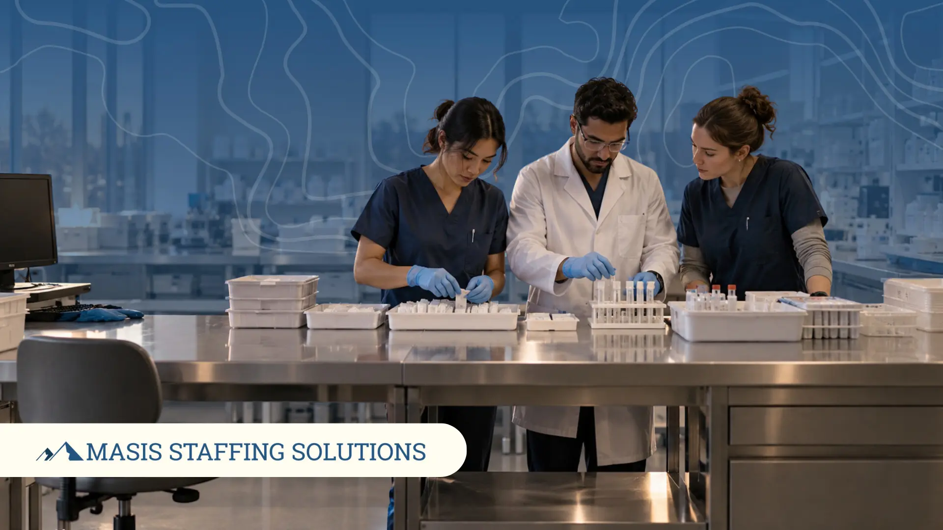 Three lab workers in scrubs and a lab coat sort sample tubes at a stainless steel counter. Masis Staffing Solutions logo.
