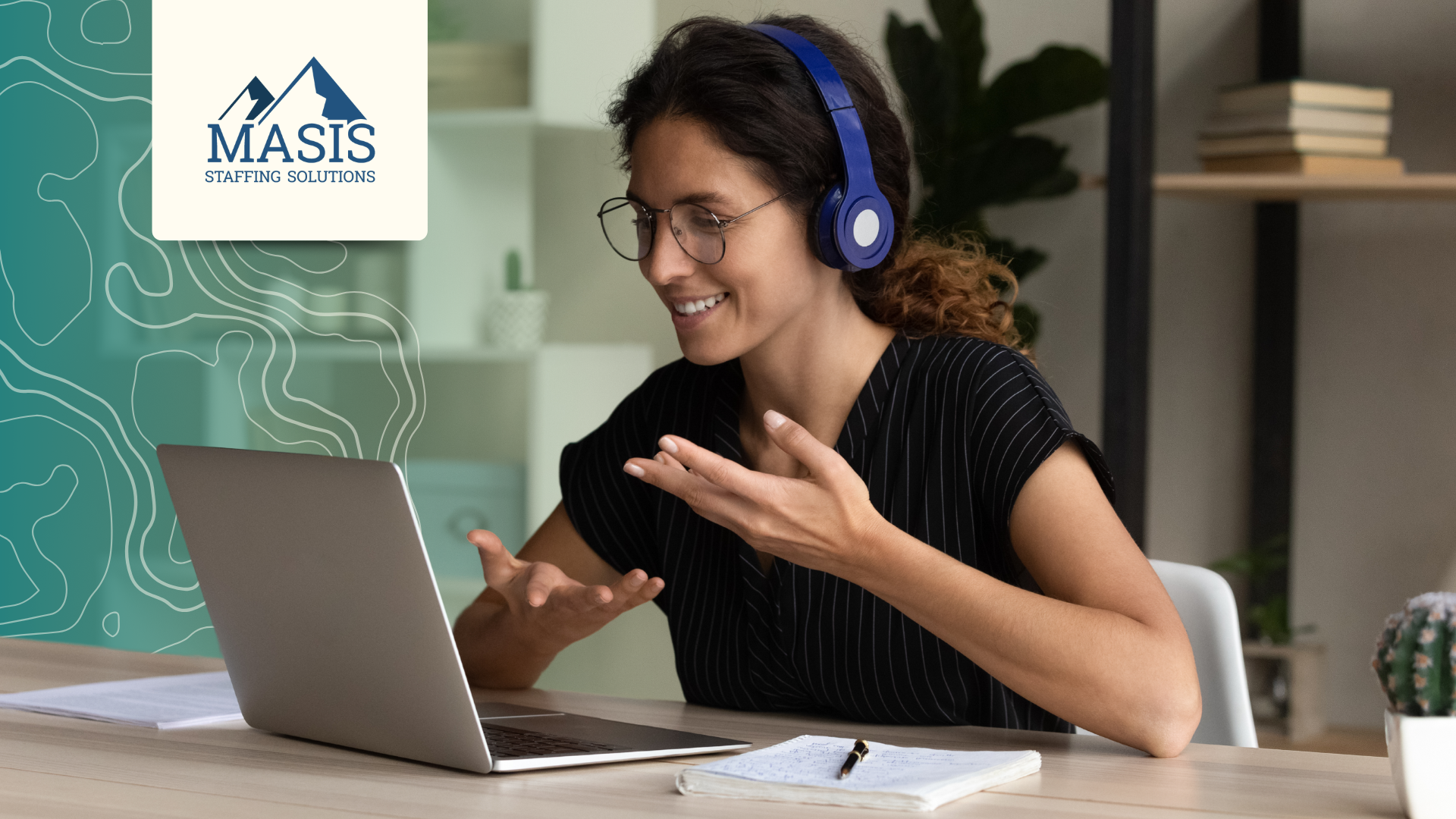 A remote worker wearing a headset gestures and speaks during an online meeting
