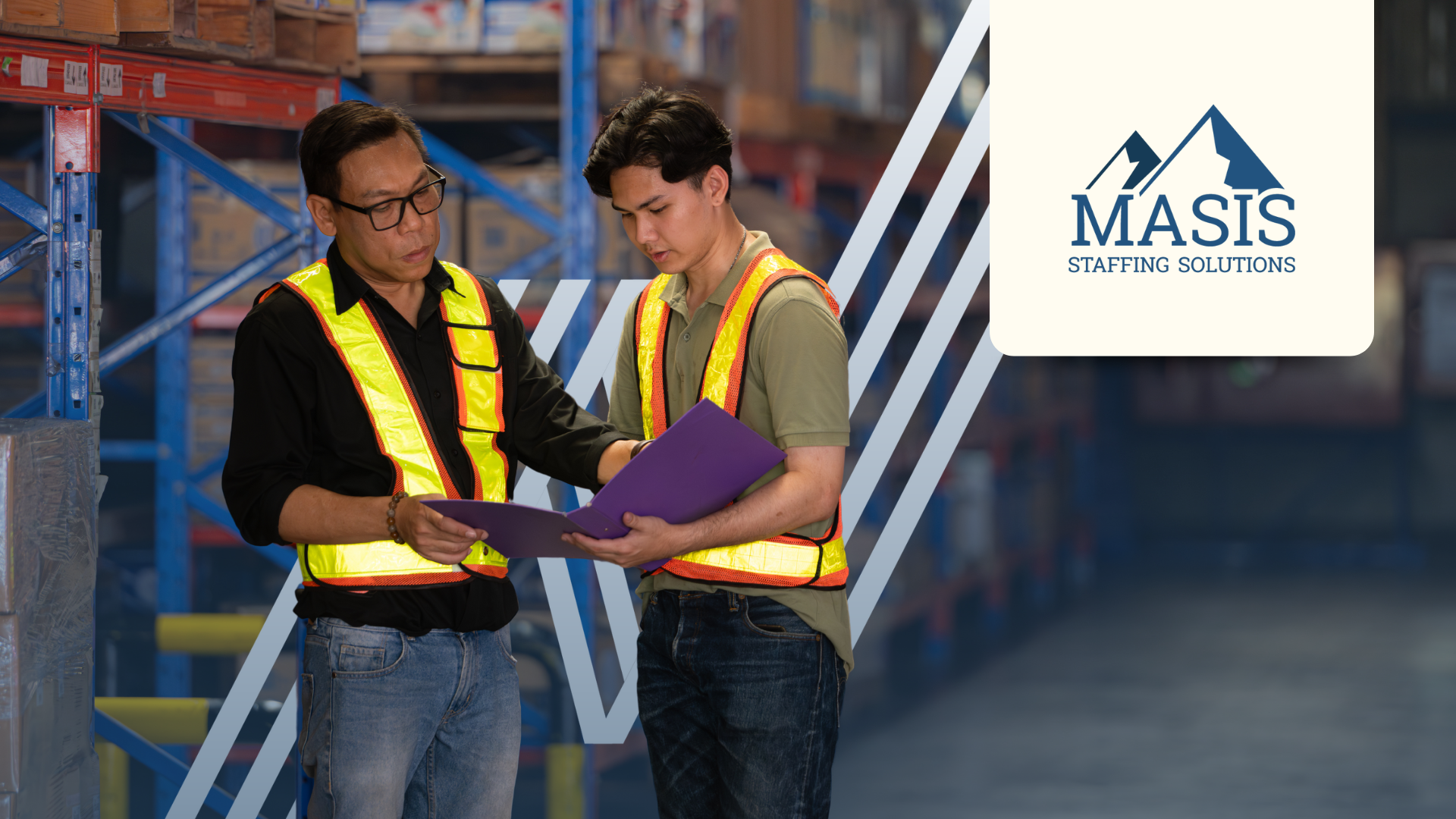 Two supply chain employees discuss a file during a staffing shortage