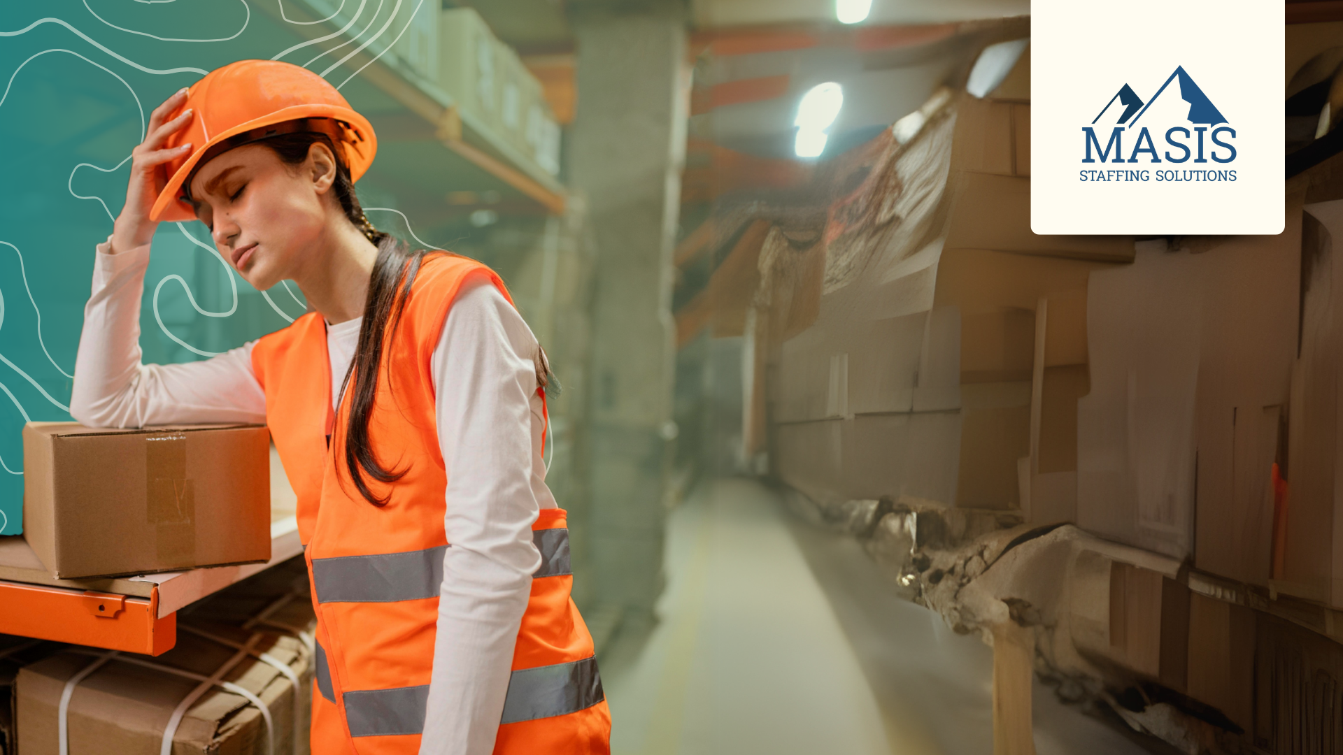 Fatigued warehouse worker in safety vest and hard hat leans on boxes with head in hand