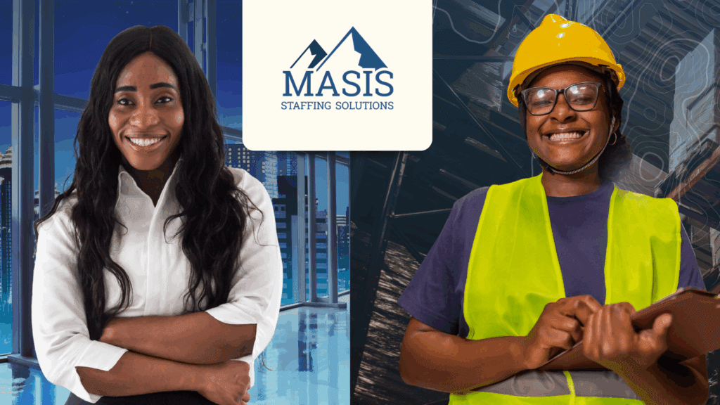 Warehouse worker and office employee stand smiling