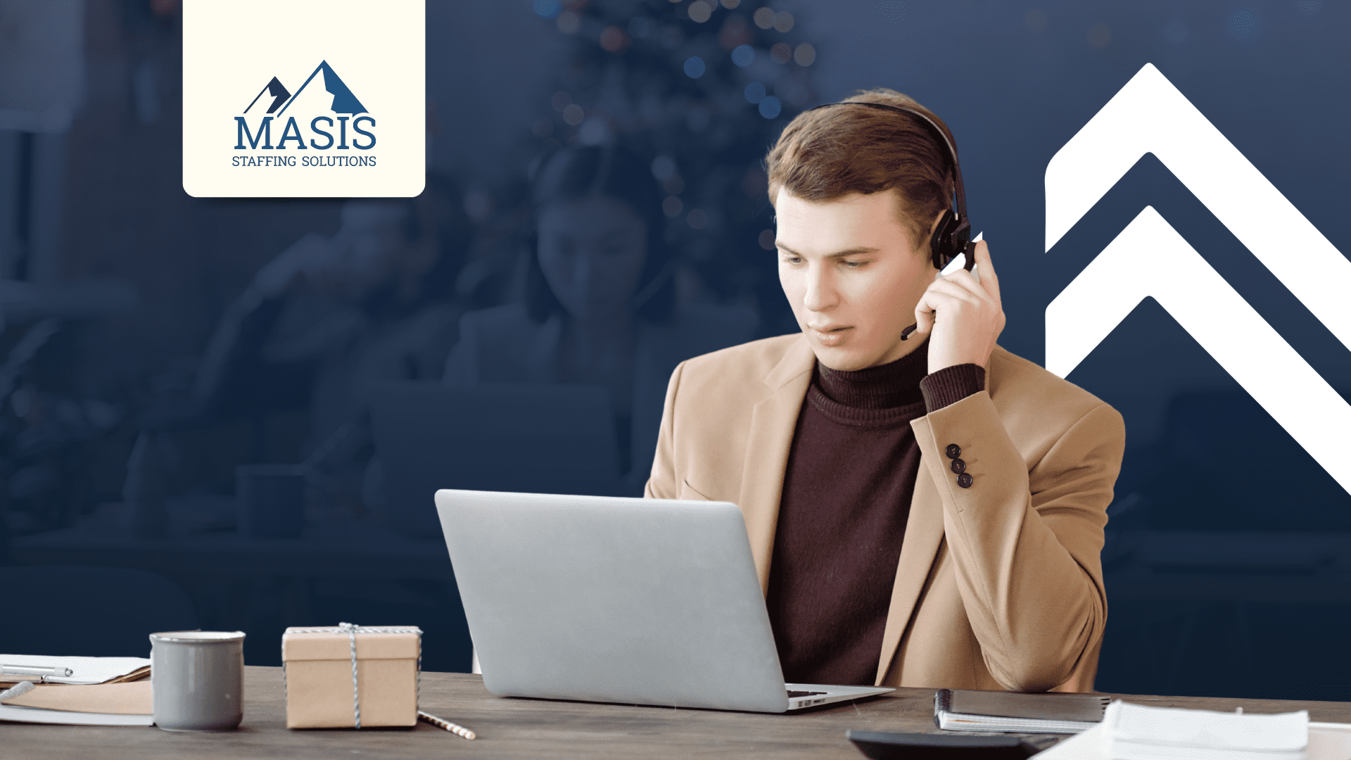 Employee with headset and laptop working at the year-end