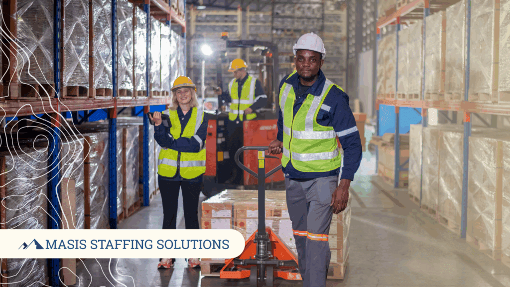 Three warehouse employees stand smiling in a warehouse