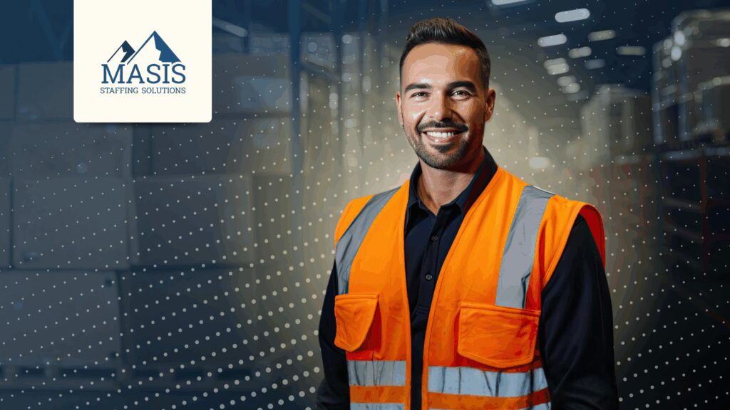 Logistics employee in safety vest stands smiling