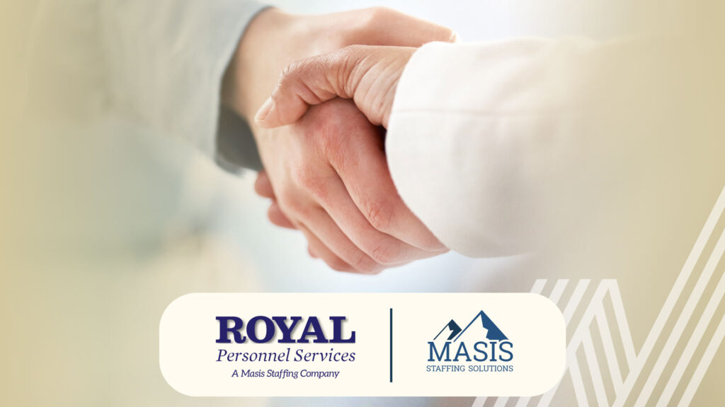 Close-up of two people shaking hands in a business setting, with a beige and cream background featuring a diagonal stripe pattern.